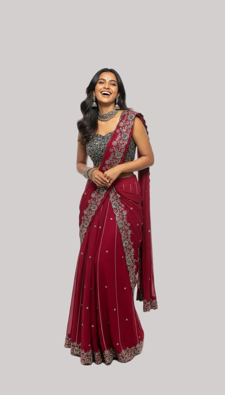 Crimson Red Embellished Saree Set