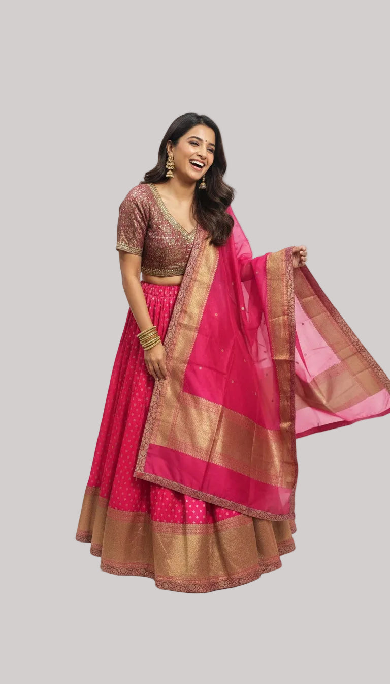 Pink Banarasi Silk Lehenga Set with Gold Zari Work