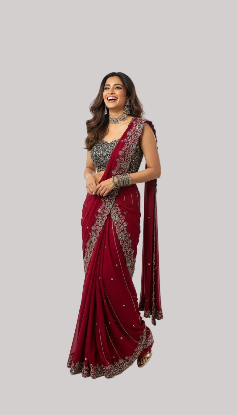 Crimson Red Embellished Saree Set