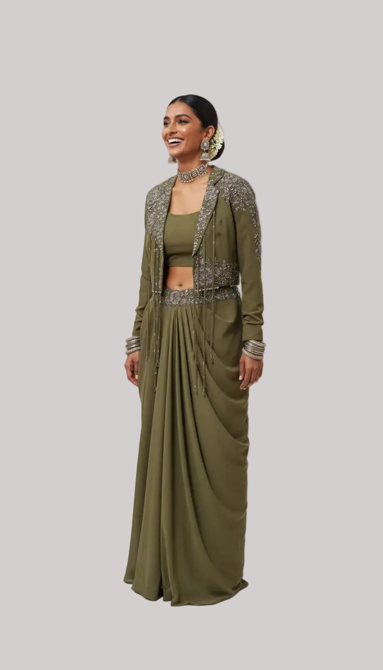 Olive Green Draped Skirt Set with Embellished Jacket