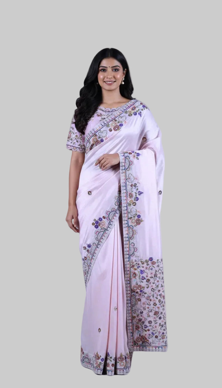 Pastel Pink Embroidered Moonga Silk Saree