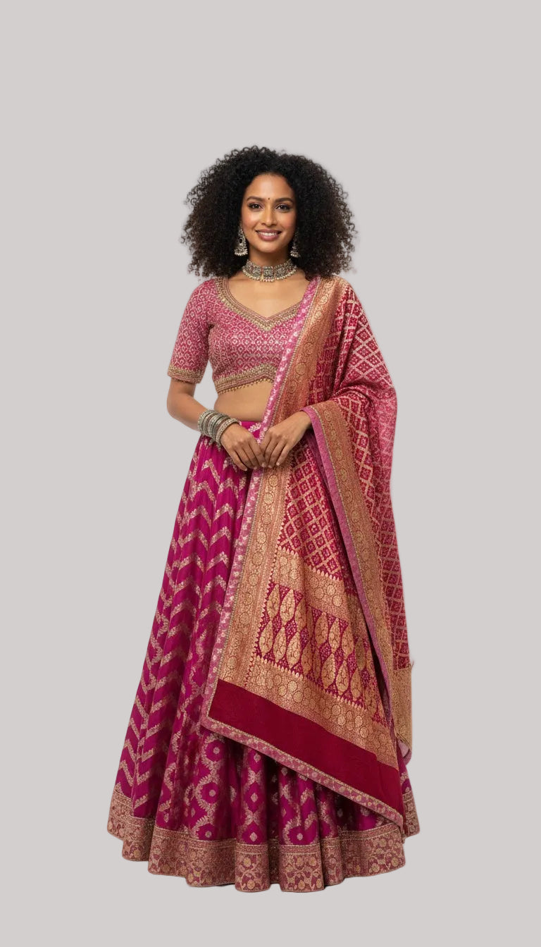 Magenta Banarasi Lehenga Set with Zari Detailing