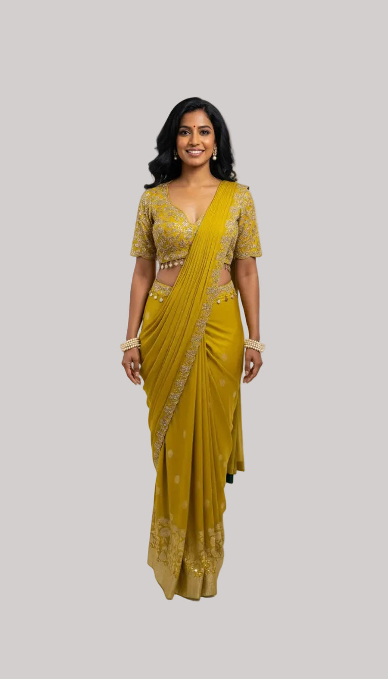 Mustard Yellow Embellished Saree Set