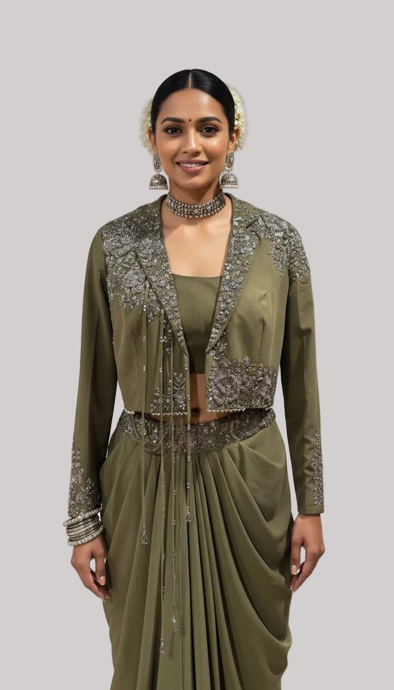 Olive Green Draped Skirt Set with Embellished Jacket