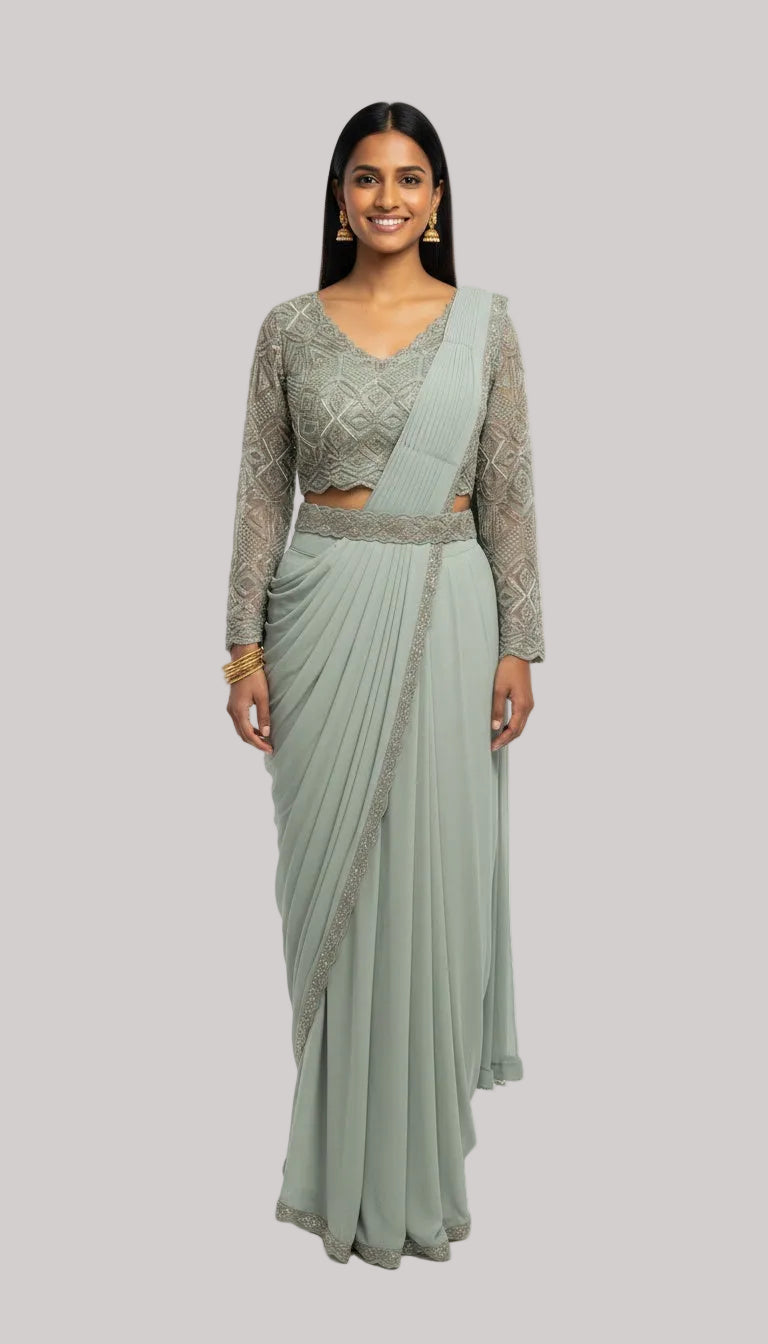 Aqua Blue Draped Saree Set with Embellished Blouse