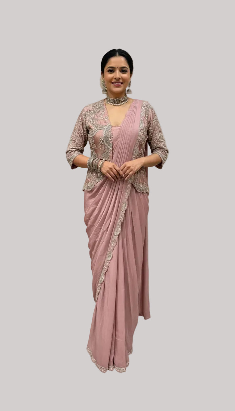 Dusty Rose Draped Saree Set with Embellished Jacket