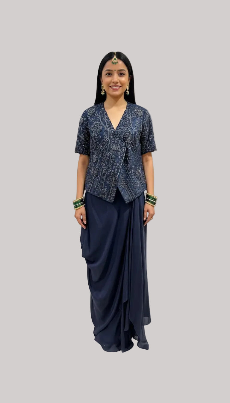 Navy Embellished Draped Skirt Set
