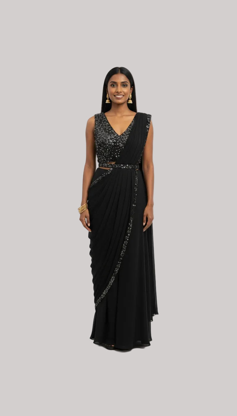 Black Embellished Draped Saree Set