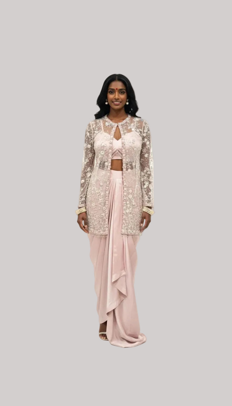 Blush Pink Drape Skirt Set with Embroidered Jacket