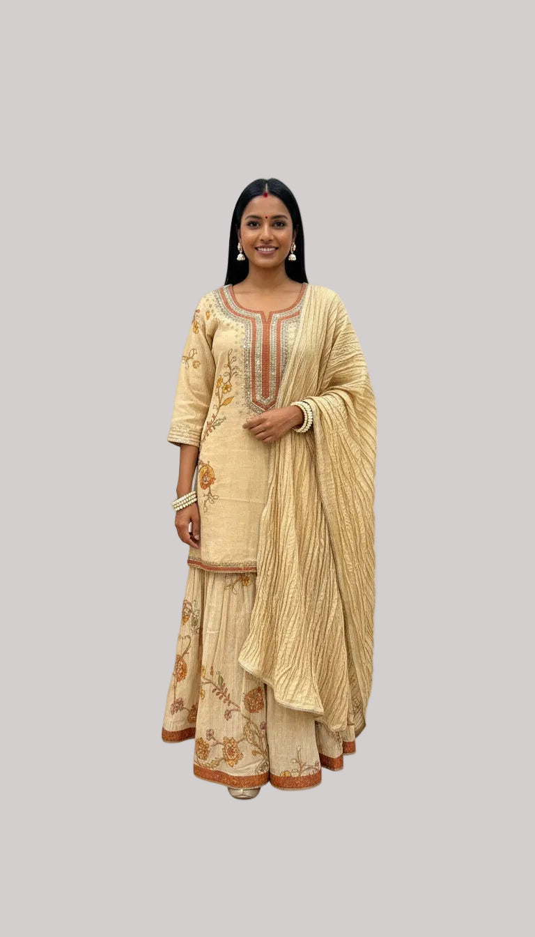 Beige Embroidered Kurta Set with Sharara &amp; Dupatta