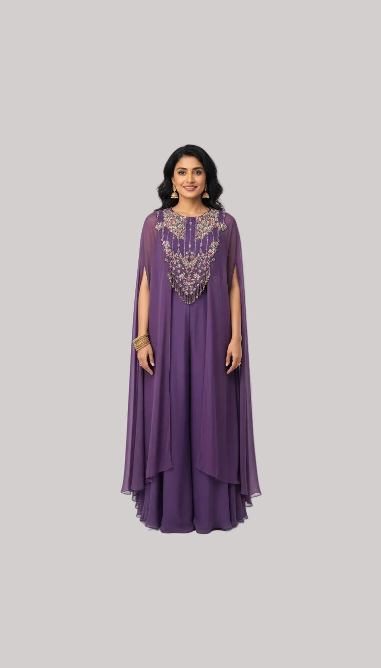 Royal Purple Embellished Cape with Sharara Set