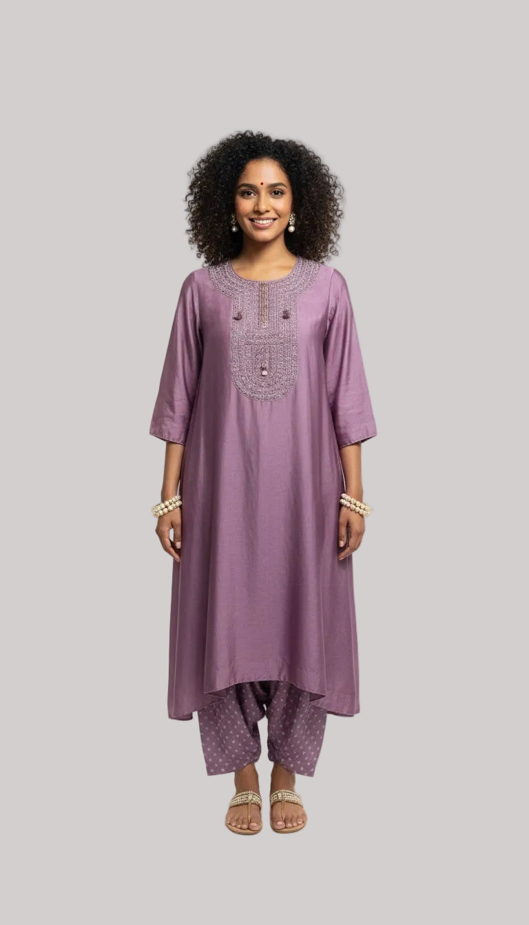 Mauve Embroidered Kurta with Printed Bottoms