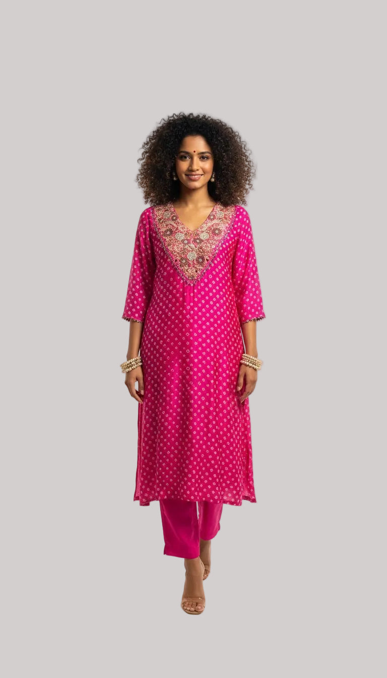 Fuchsia Embroidered Kurta with Solid Pants