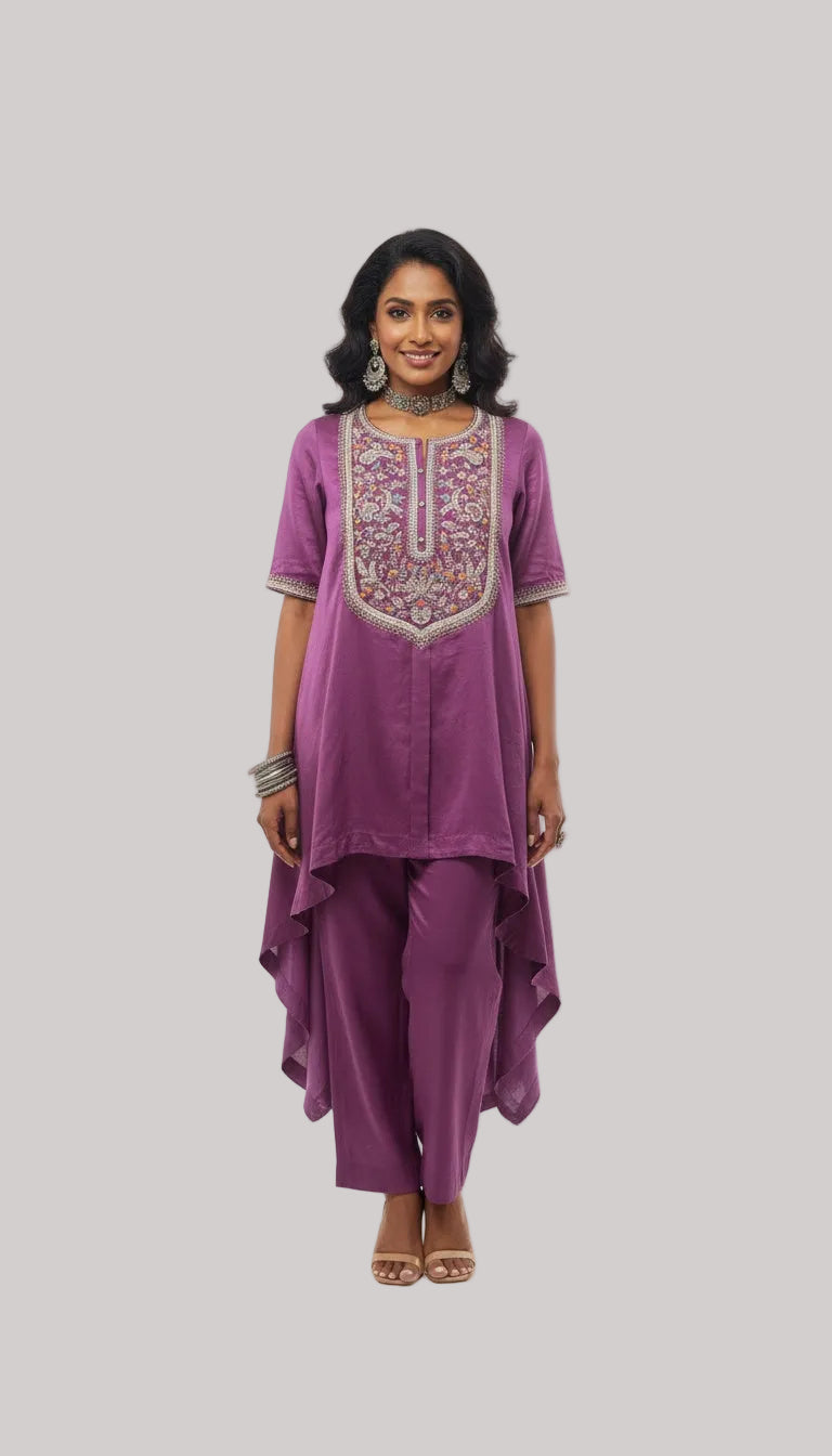 Plum Embroidered High-Low Kurta with Solid Pants