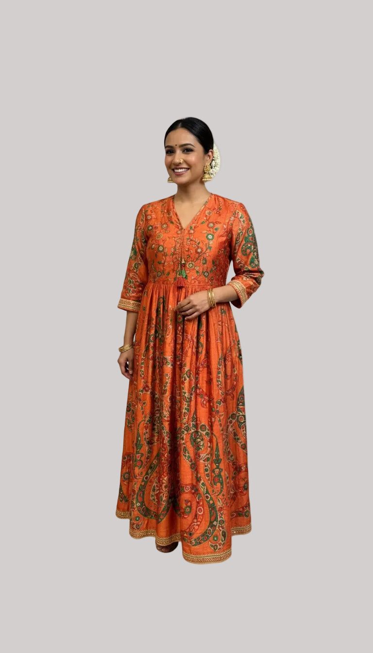 Rust Orange Printed Kurta with Solid Pants