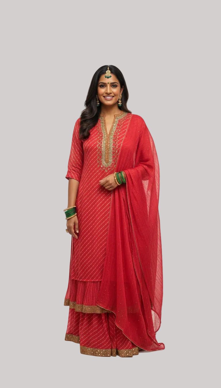 Red Embellished Kurta Skirt Set with Dupatta