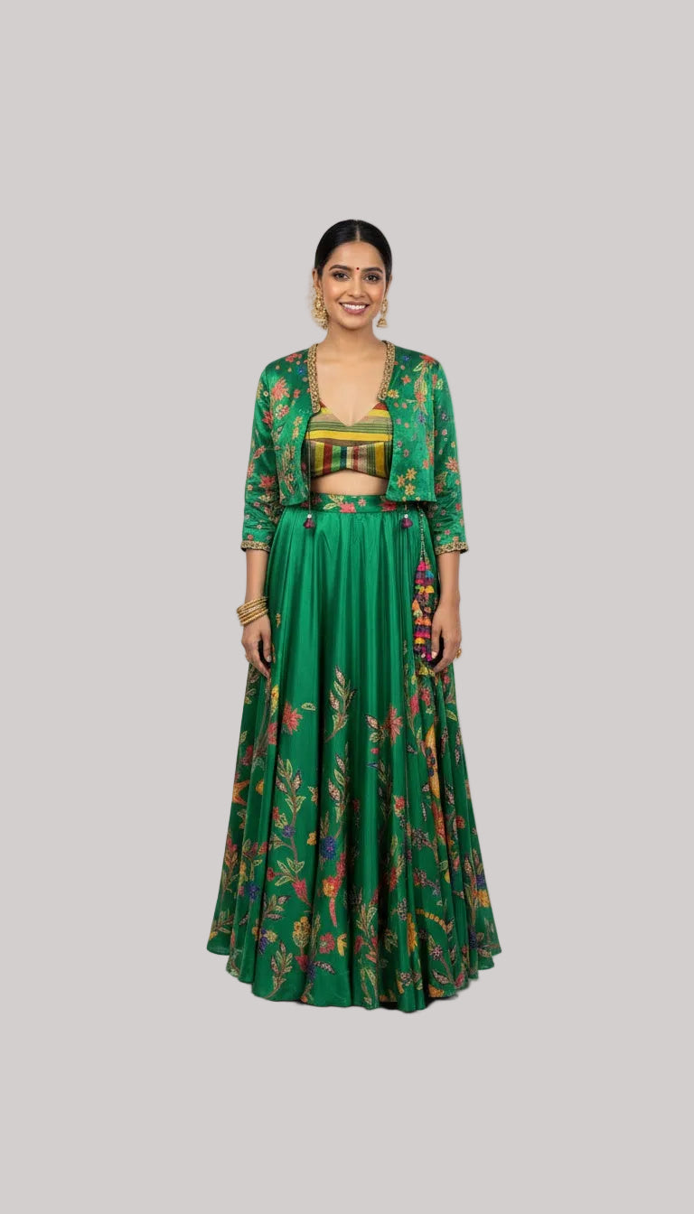 Emerald Green Floral Lehenga Set with Jacket