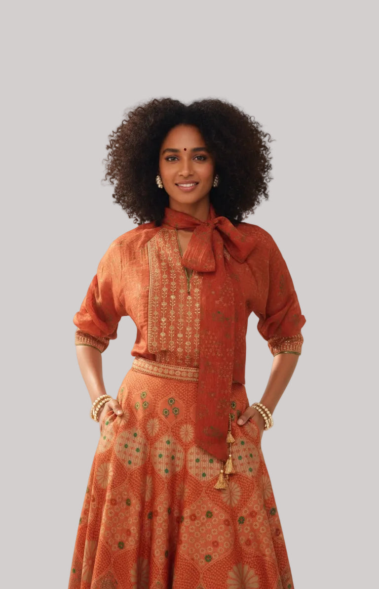 Rust Orange Printed Lehenga Set with Tie-Up Blouse
