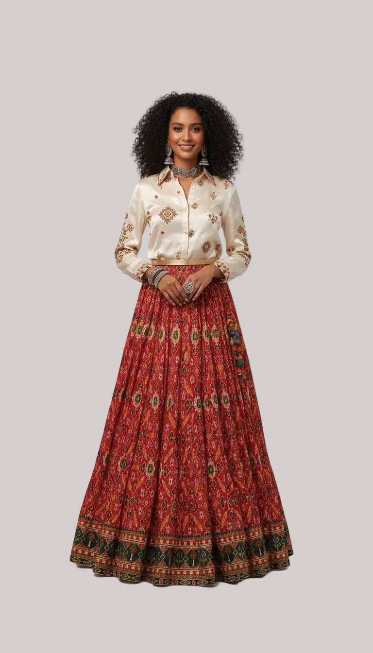Red Printed Lehenga Skirt with Embroidered Shirt