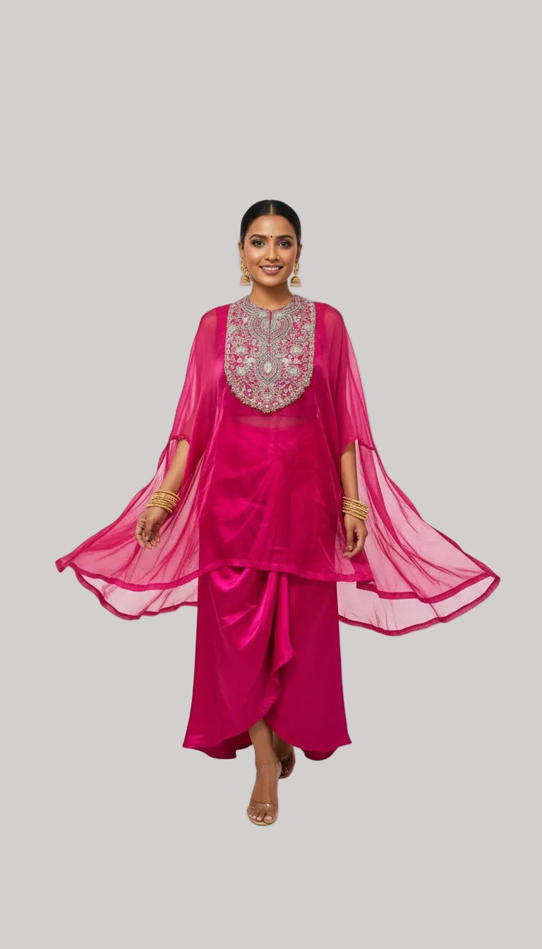 Fuchsia Pink Drape Skirt Set with Sheer Cape