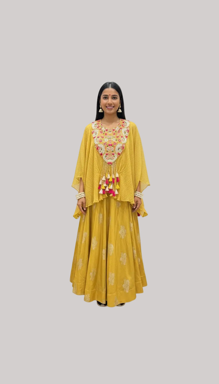 Mustard Yellow Embroidered Lehenga Set with Cape