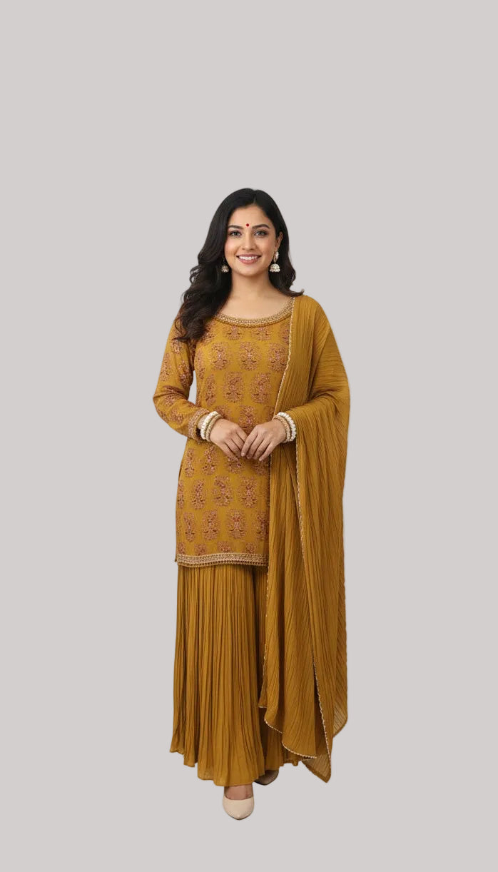 Mustard Embroidered Kurta Set with Pleated Sharara