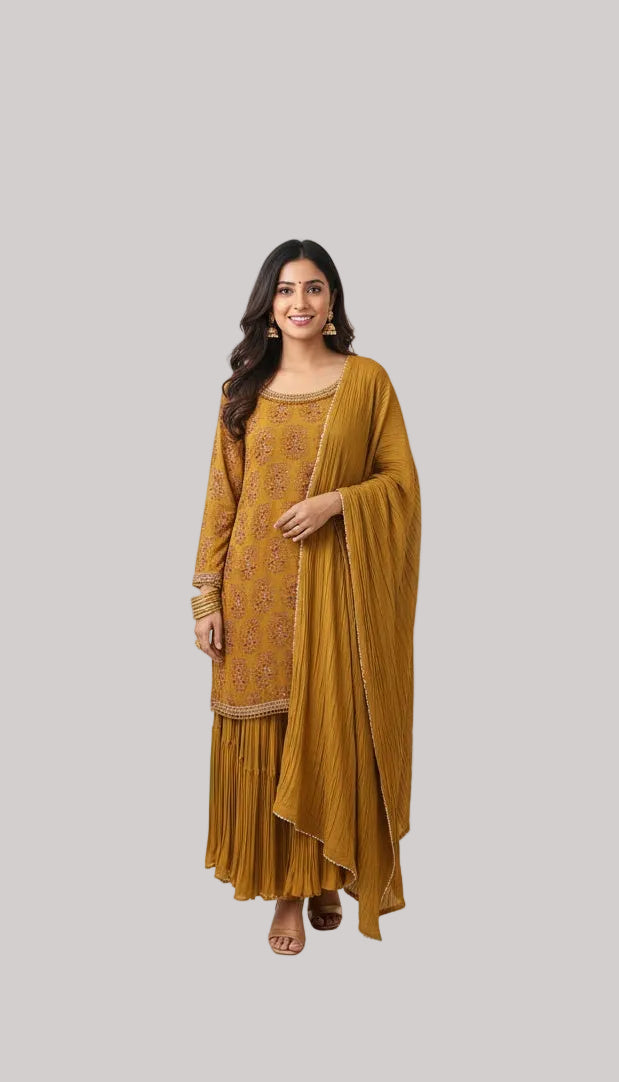 Mustard Embroidered Kurta Set with Pleated Sharara