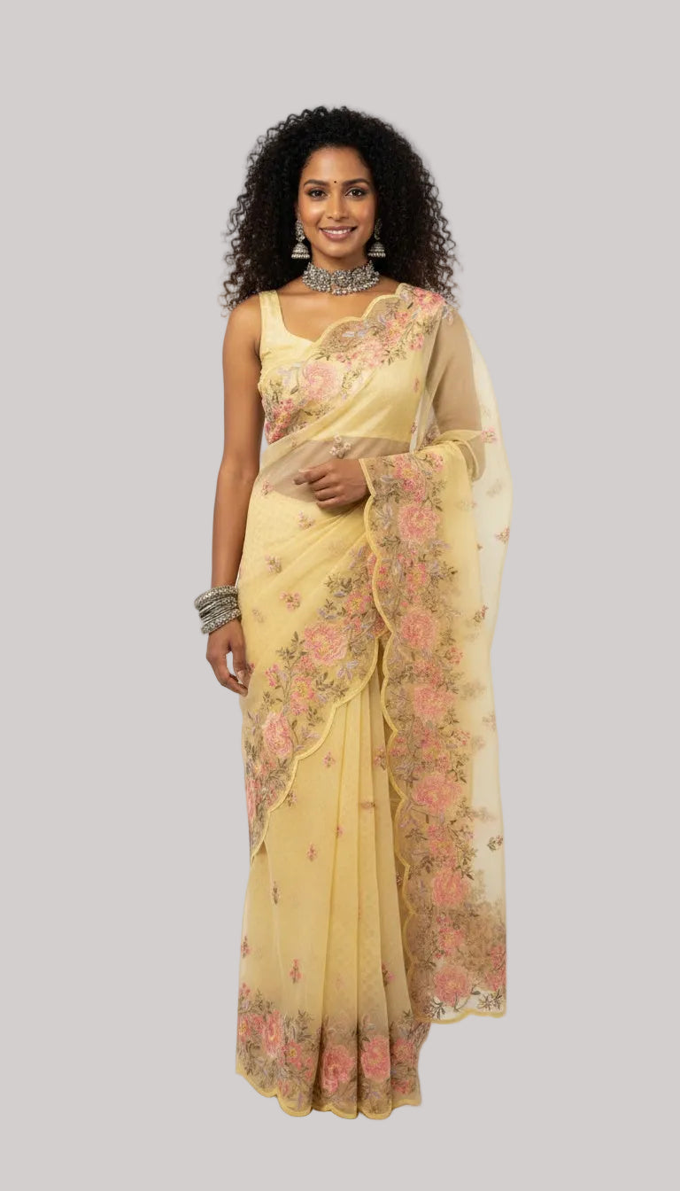 Soft Yellow Silk Saree with Floral Embroidery