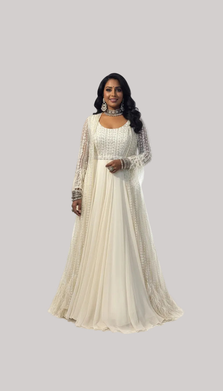 Ivory Embellished Anarkali Gown with Sheer Jacket