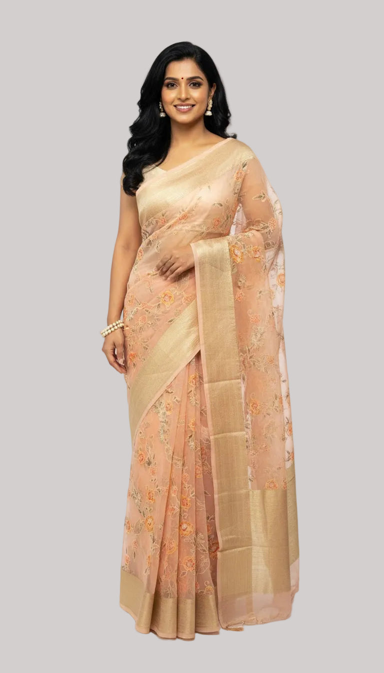 Peach Silk Saree with Delicate Floral Embroidery