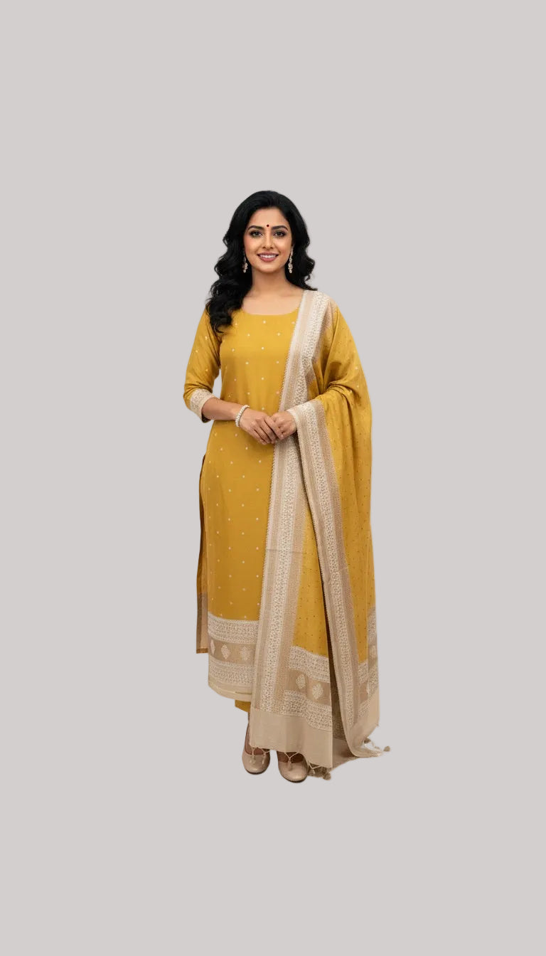 Yellow Kurta Set with Woven Dupatta