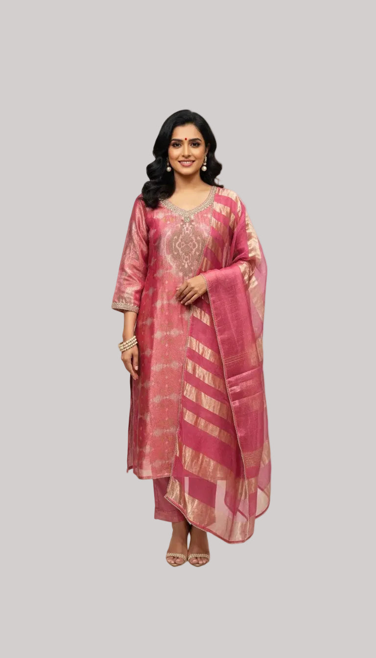 Pink Silk Suit Set with Woven Zari Dupatta