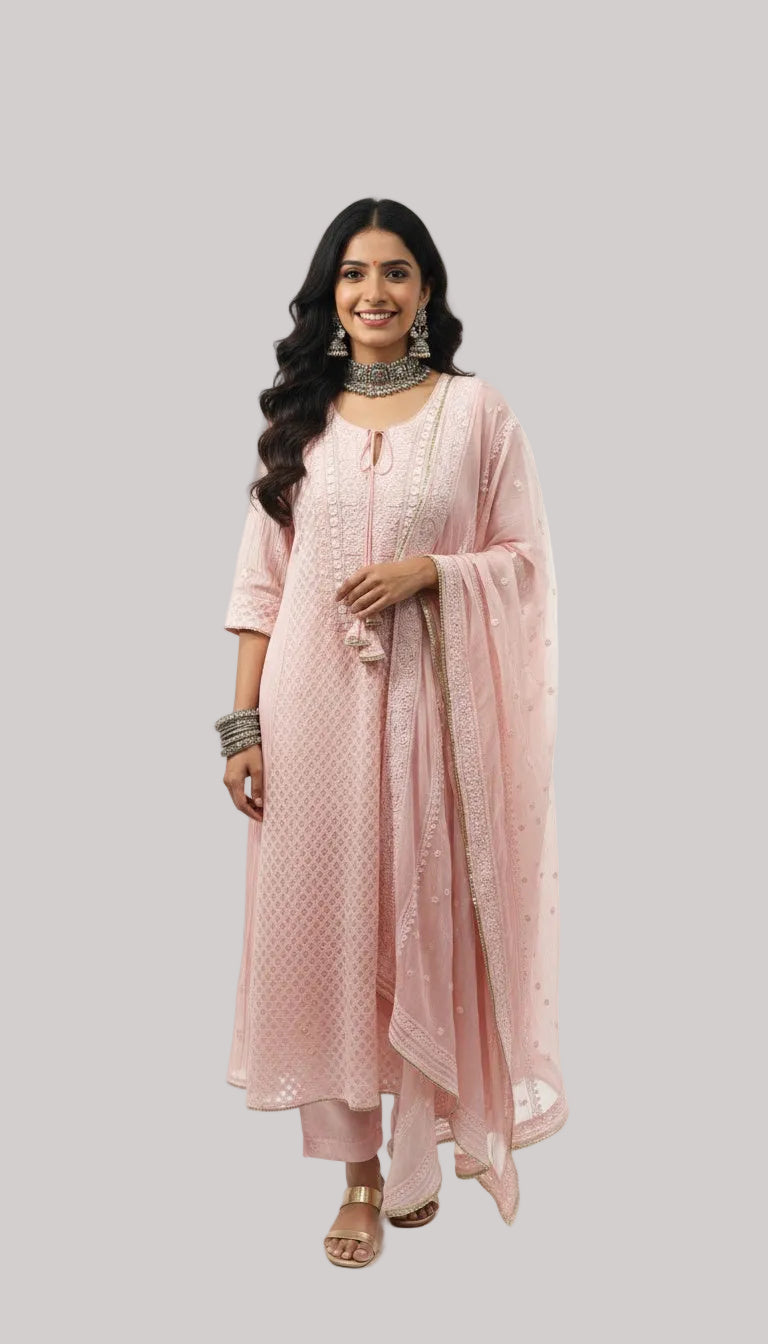 Blush Pink Silk Suit Set with Embroidered Details