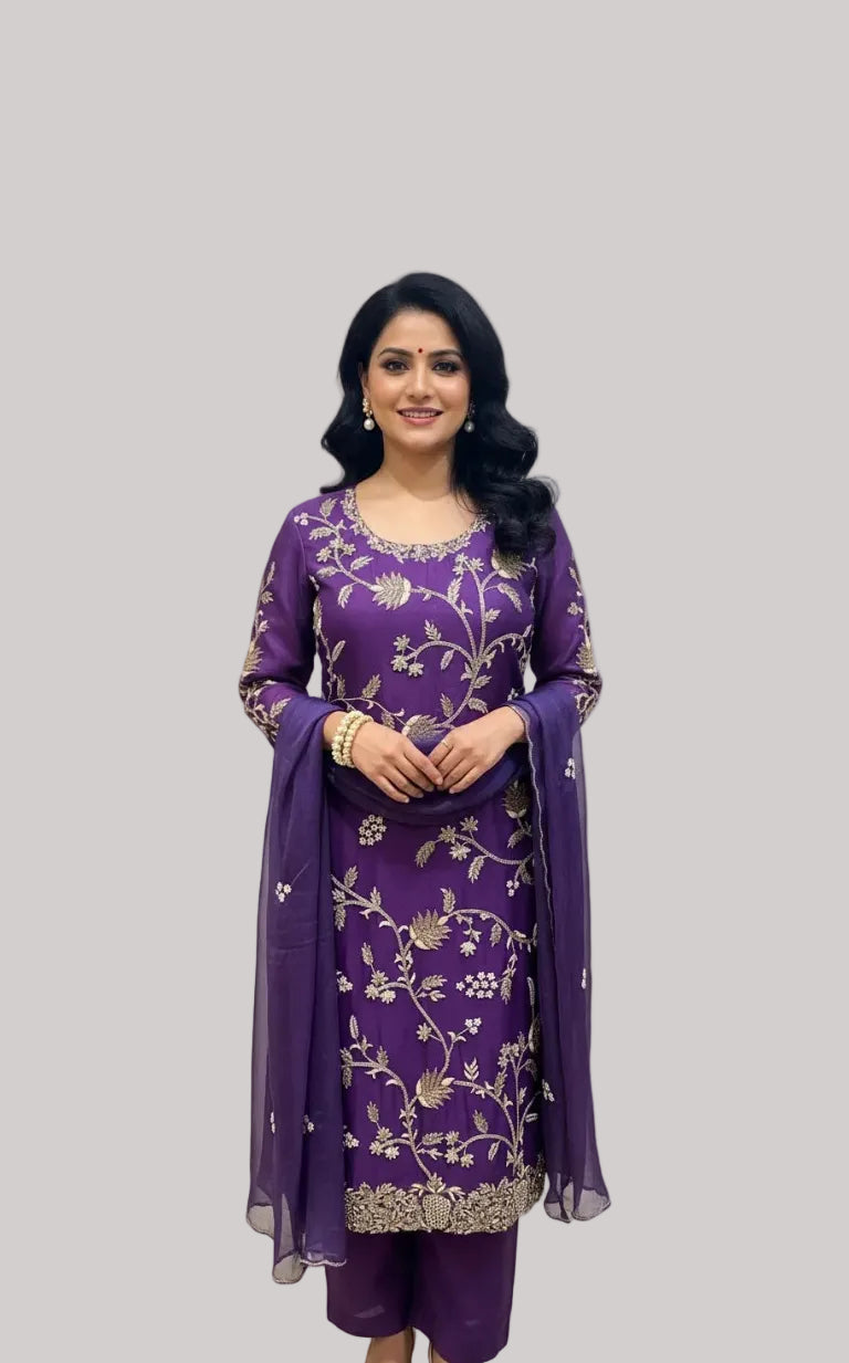 Purple Silk Kurta Set with Embroidered Dupatta