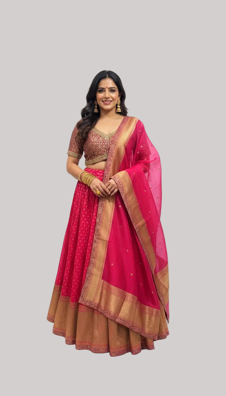 Pink Banarasi Silk Lehenga Set with Gold Zari Work