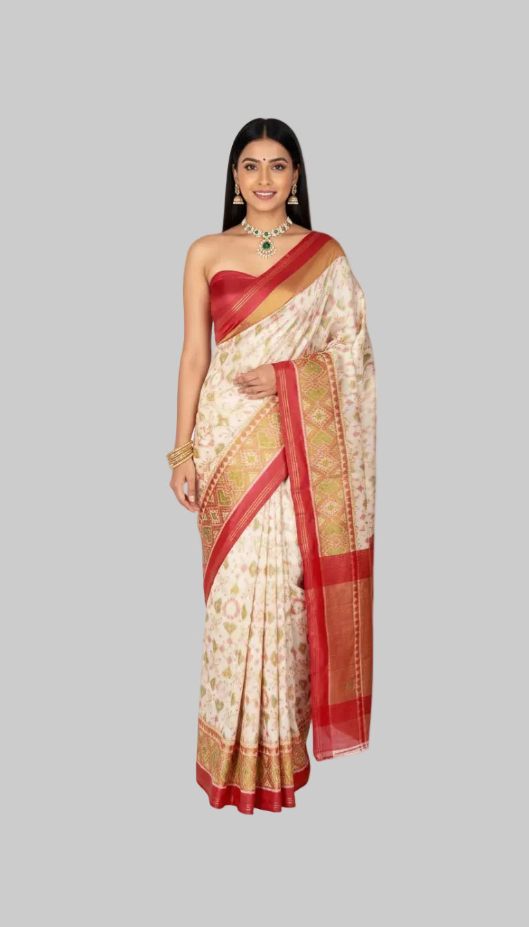 Elegant Off-White Patola Silk Saree with Red Border
