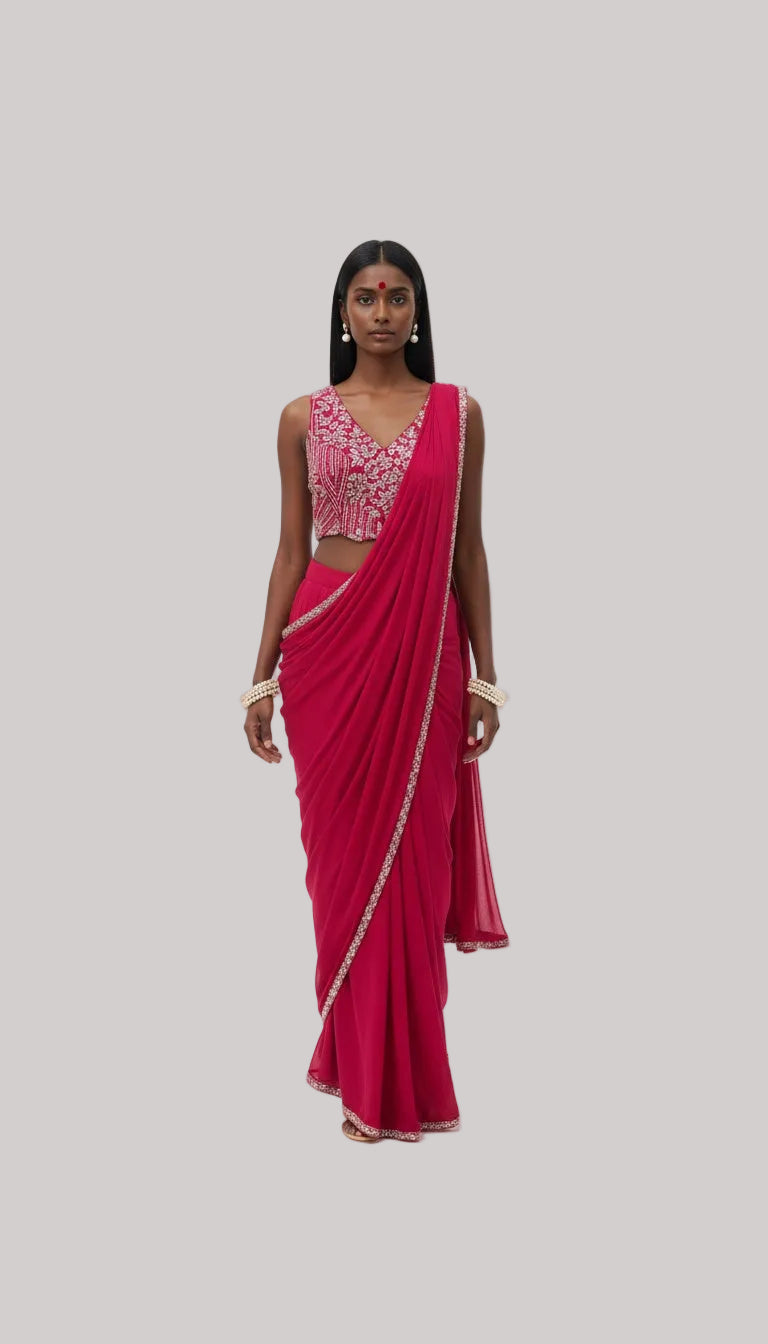 Rani Pink Embellished Saree Set