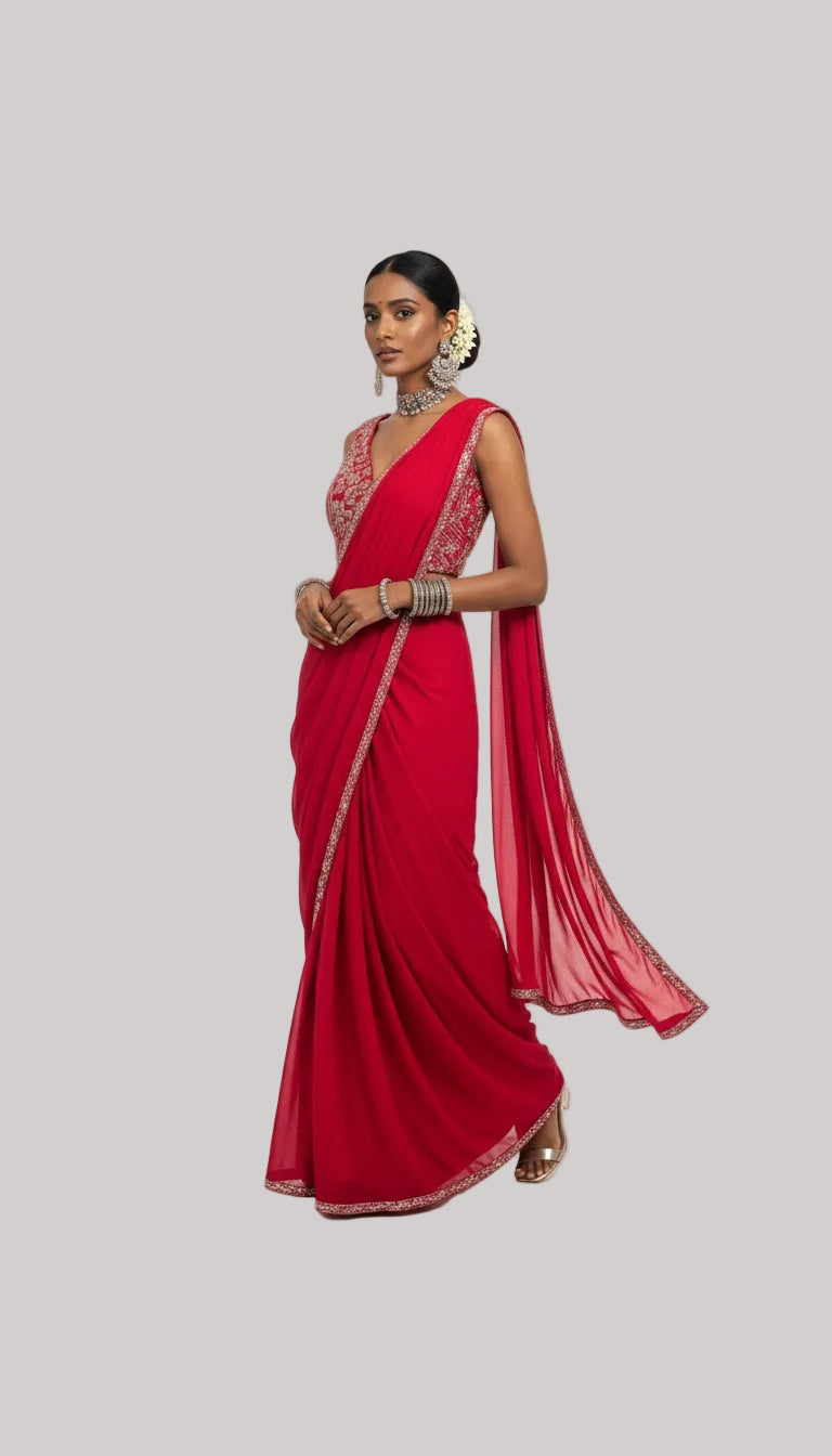 Rani Pink Embellished Saree Set