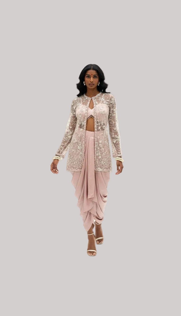 Blush Pink Drape Skirt Set with Embroidered Jacket