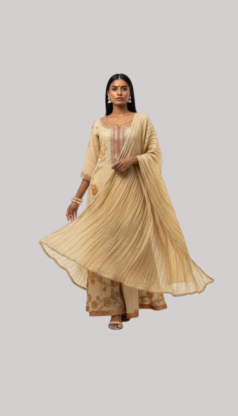 Beige Embroidered Kurta Set with Sharara &amp; Dupatta