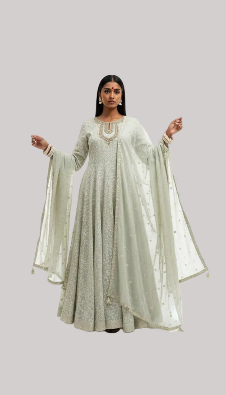 Pastel Green Embroidered Anarkali Set with Dupatta