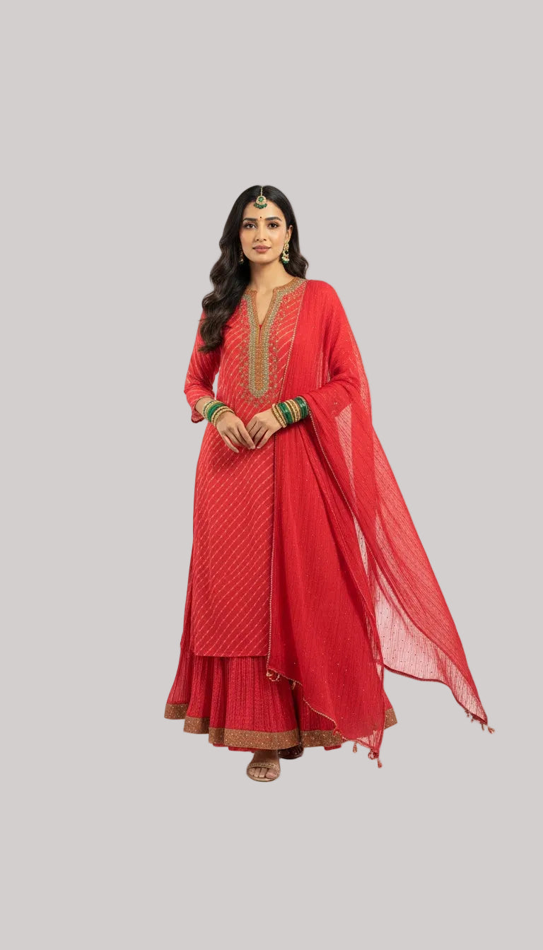Red Embellished Kurta Skirt Set with Dupatta