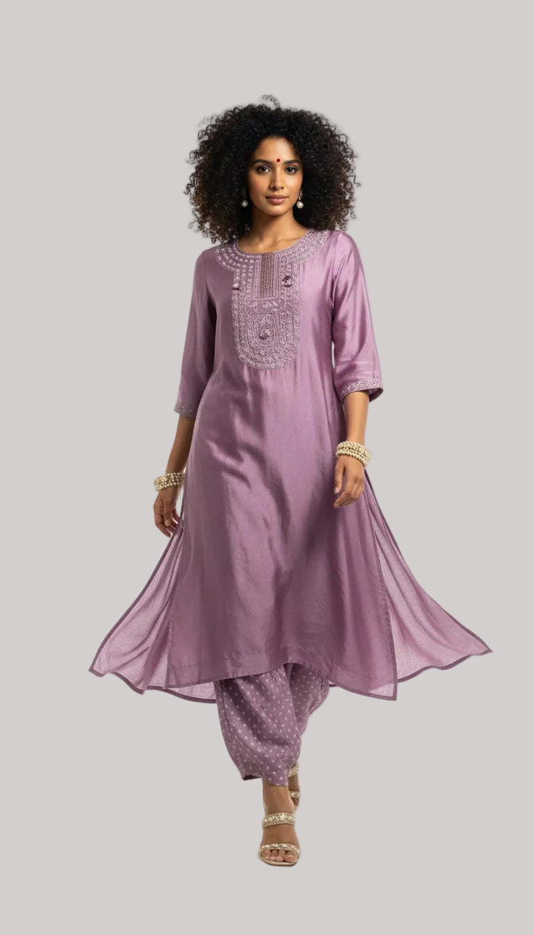 Mauve Embroidered Kurta with Printed Bottoms