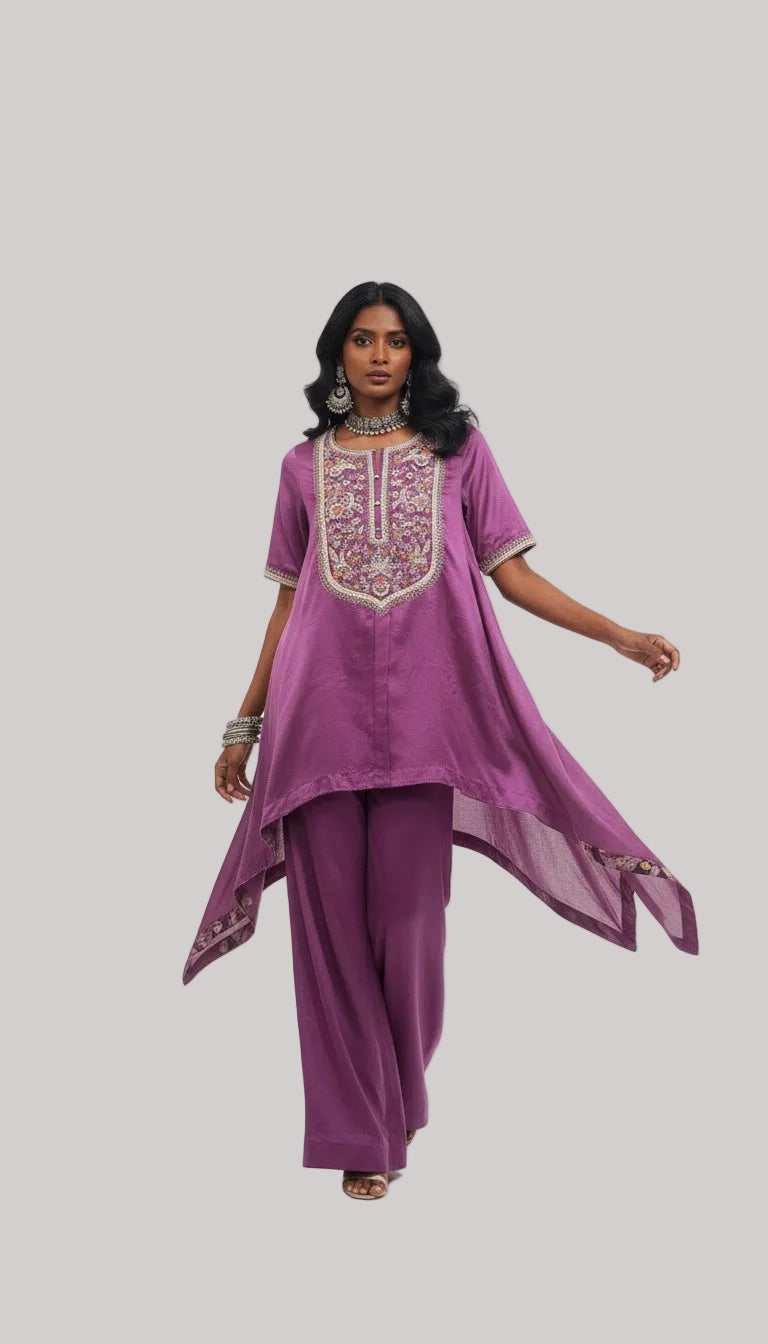 Plum Embroidered High-Low Kurta with Solid Pants