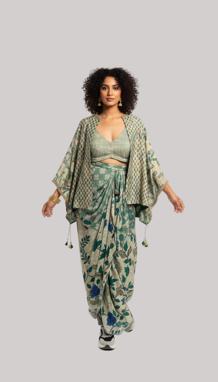 Sage Green Printed Cape with Blouse &amp; Draped Skirt