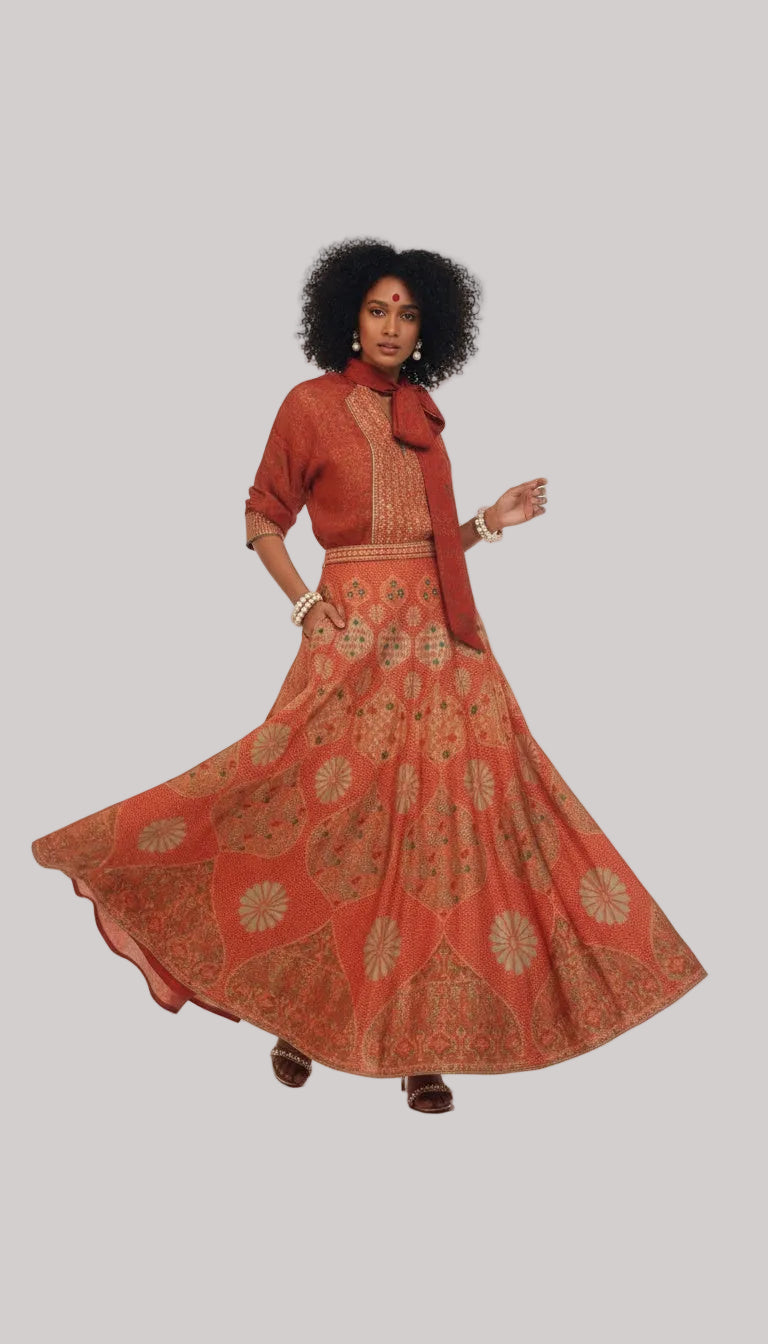 Rust Orange Printed Lehenga Set with Tie-Up Blouse