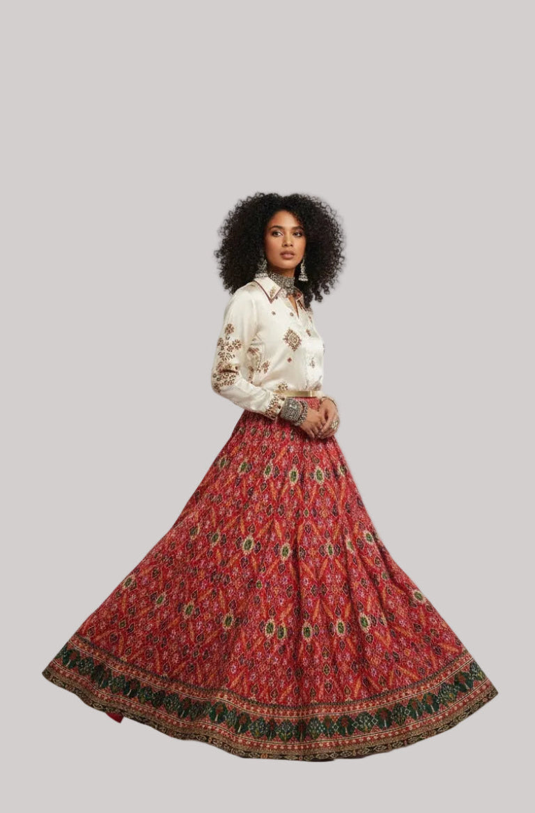 Red Printed Lehenga Skirt with Embroidered Shirt