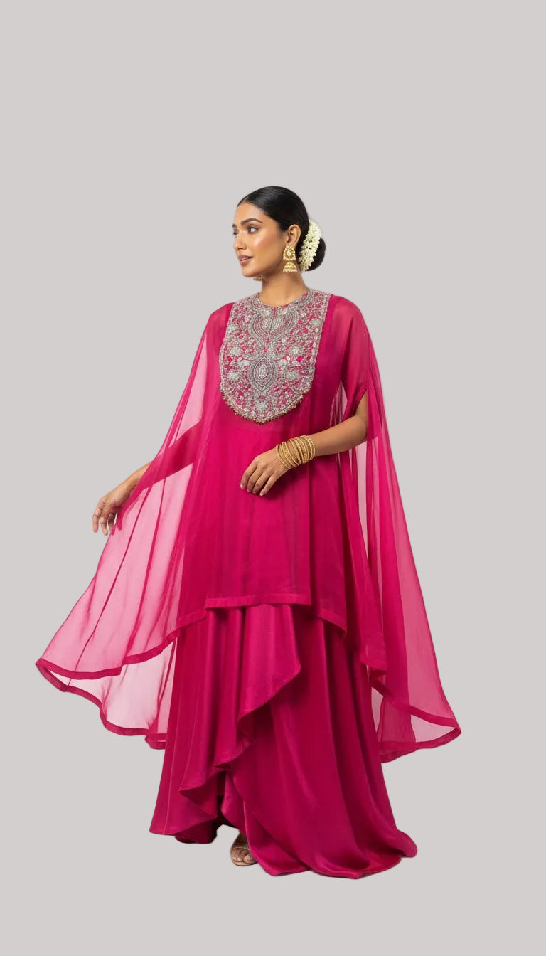 Fuchsia Pink Drape Skirt Set with Sheer Cape
