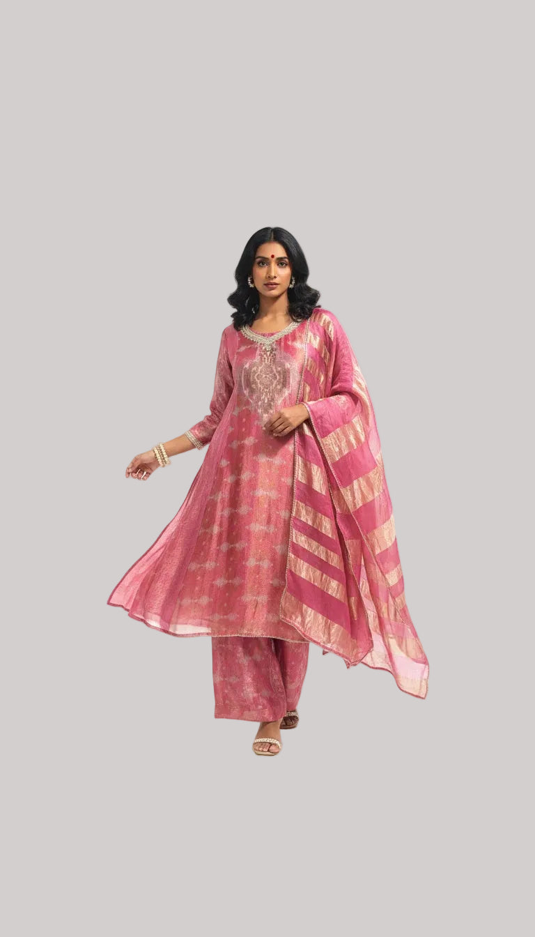 Pink Silk Suit Set with Woven Zari Dupatta