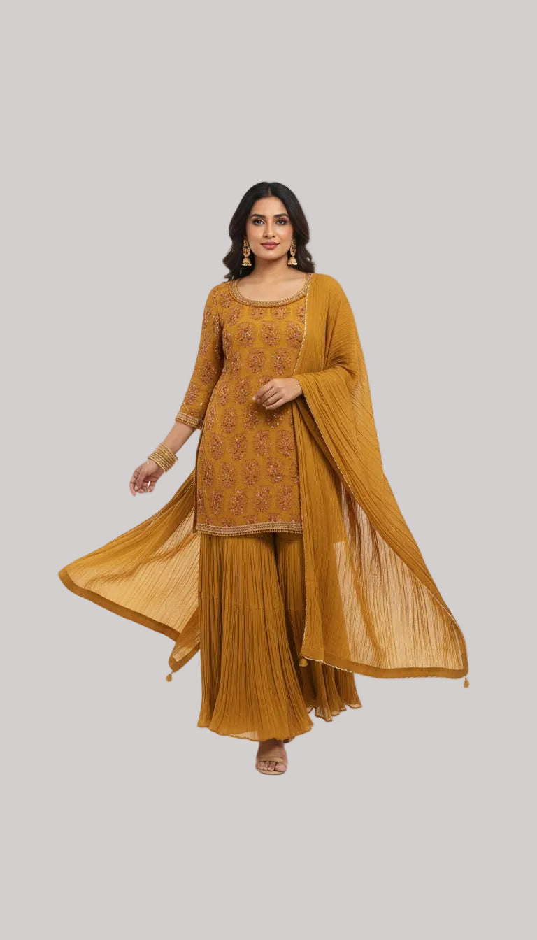 Mustard Embroidered Kurta Set with Pleated Sharara